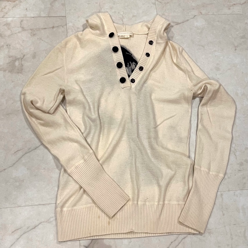 alexander wang - cashmere hoodie with embroidered b&w portrait - needs repair